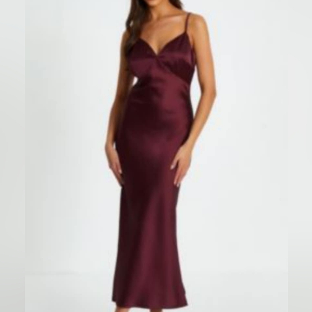 Charlotte Russe spaghetti strap long silky evening gown with slit in the back.